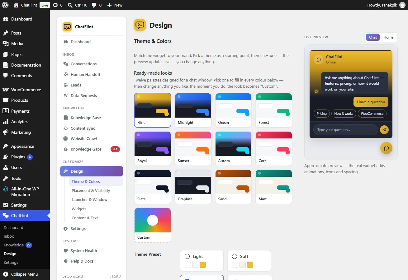 The Design screen: presets and accent colours beside a live preview of the widget.
