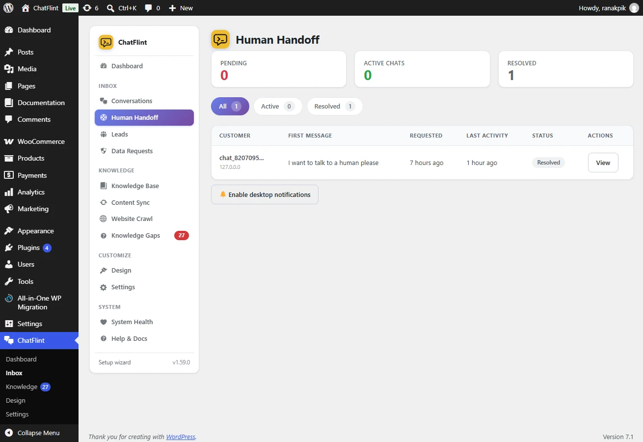 The Human Handoff inbox: pending, active and resolved conversations.