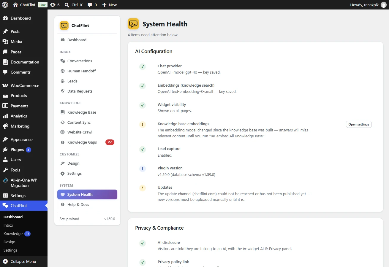 The plugin active, with System Health confirming the setup.