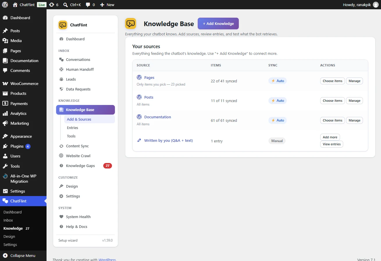 The Knowledge Base after a sync: entries with their source, section and usage.