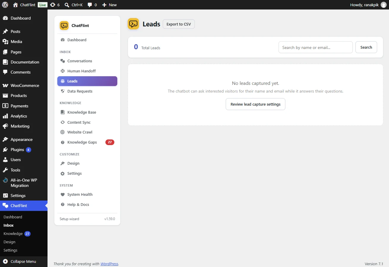 The Leads screen: captured contacts with their source and the conversation behind each.