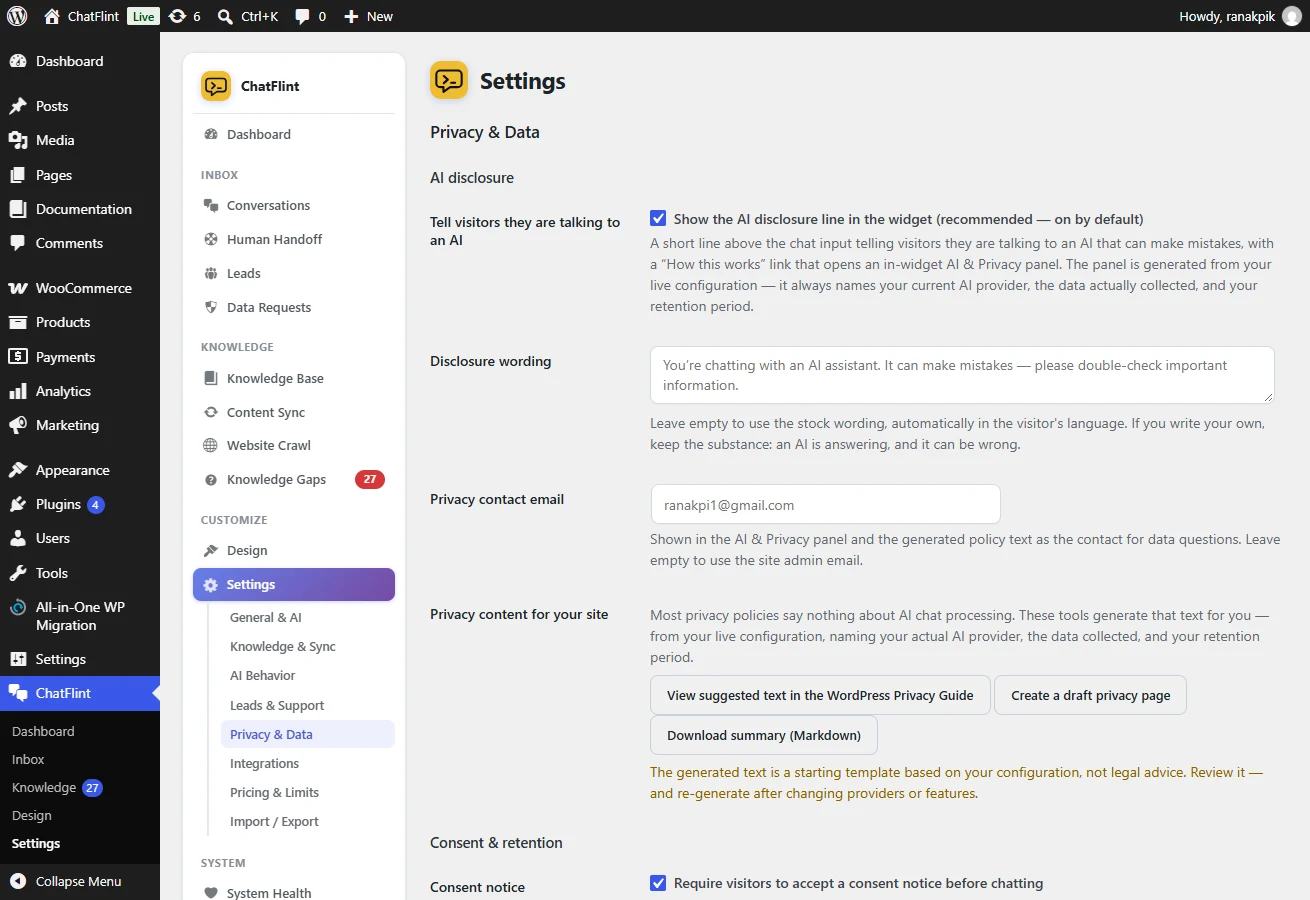 Privacy settings: the AI disclosure line, a privacy contact and generated policy text.
